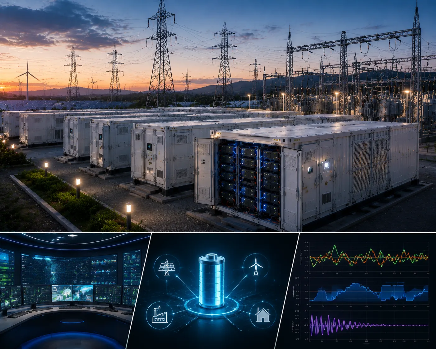 Utility scale battery storage system integrating dynamic grid response technology
