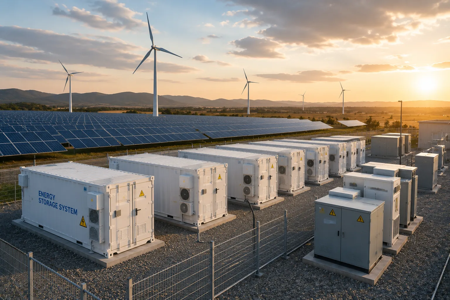 Containerized grid-scale energy storage system at renewable energy facility