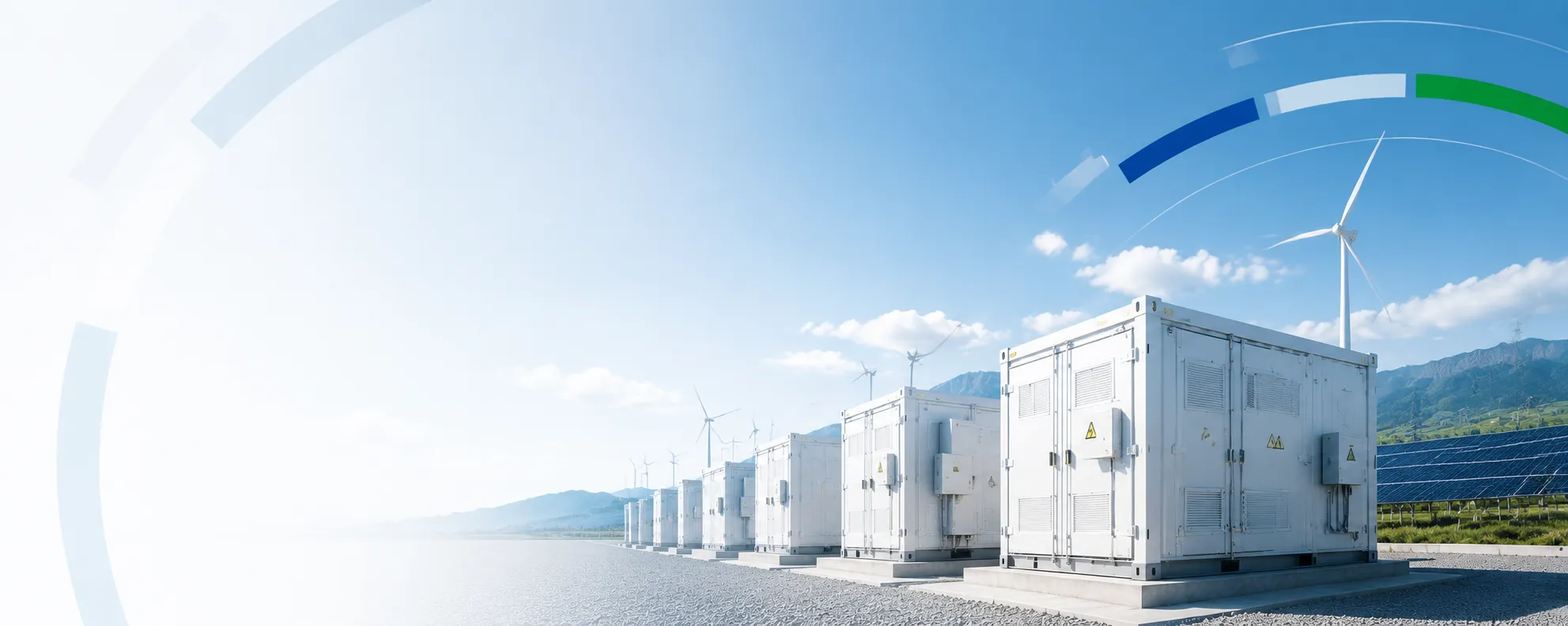 Commercial solar plus storage integration diagram featuring photovoltaic arrays and large battery cabinets
