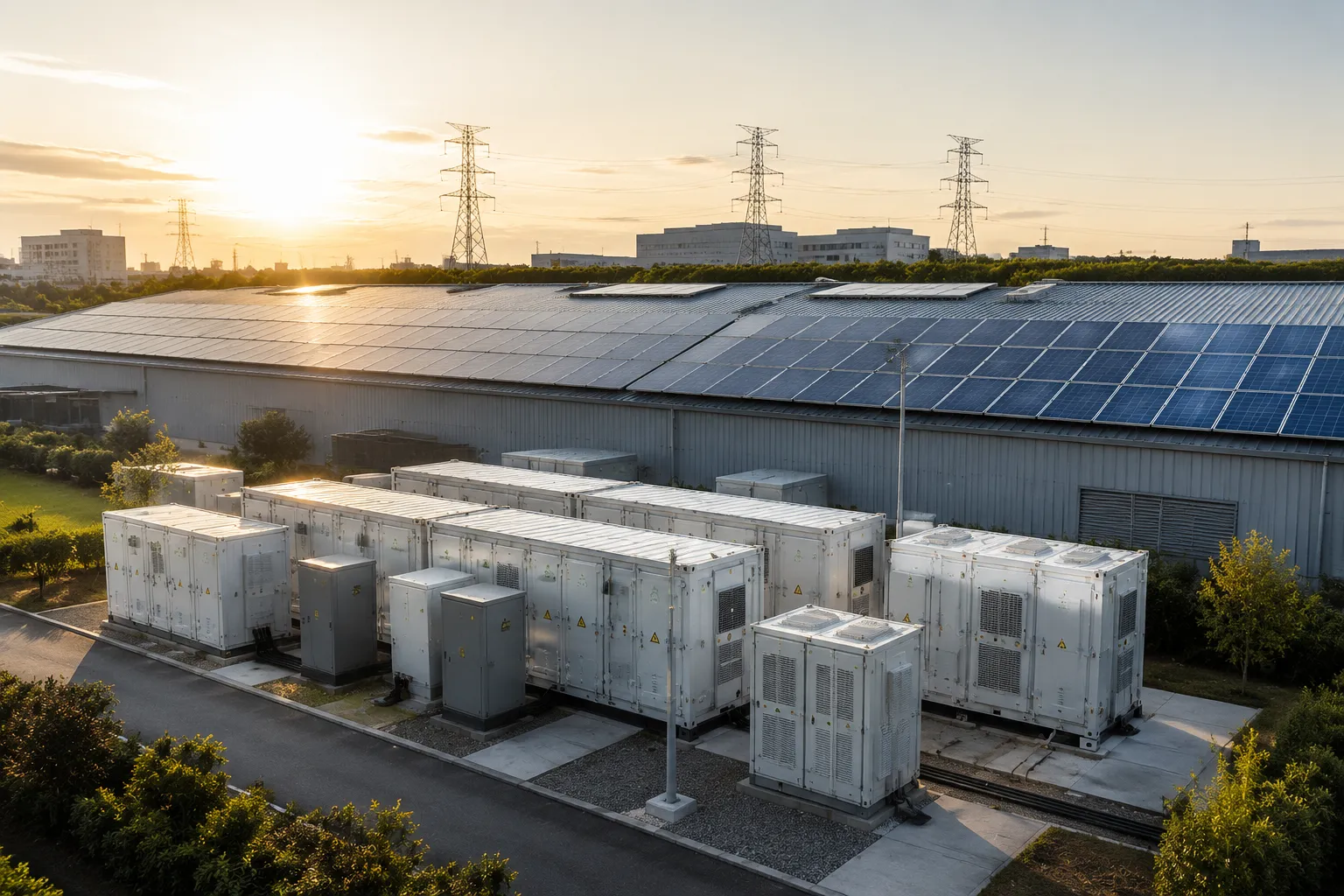 Commercial solar plus storage integration diagram featuring photovoltaic arrays and large battery cabinets
