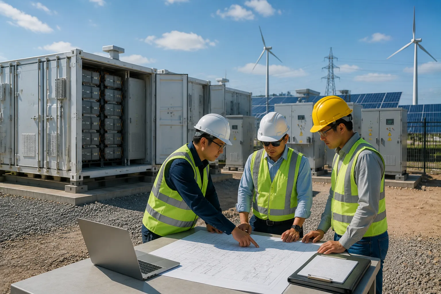 EPC contractors reviewing commercial solar plus battery storage project design schematics