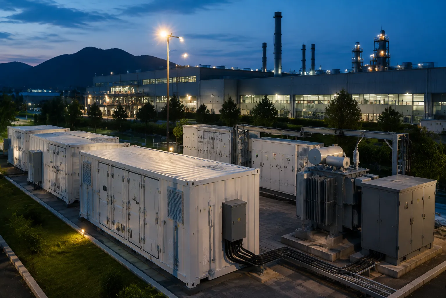 Load shifting architecture showing electricity demand optimization charts next to industrial battery systems