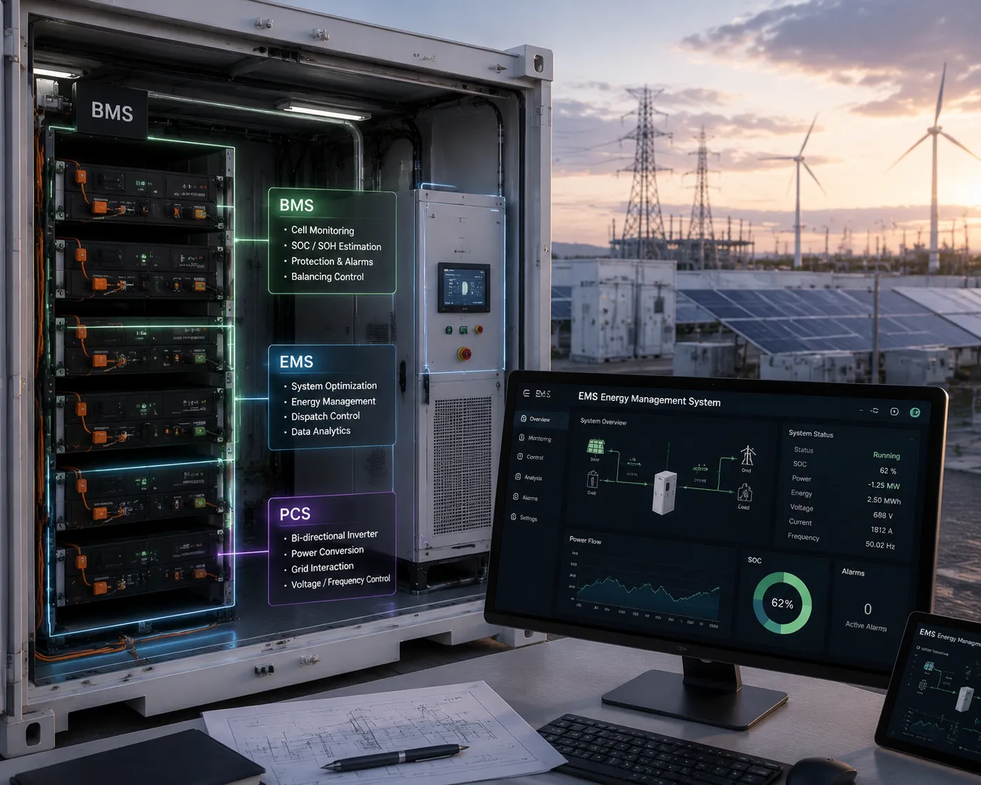 Containerized energy storage system BMS and EMS integration architecture