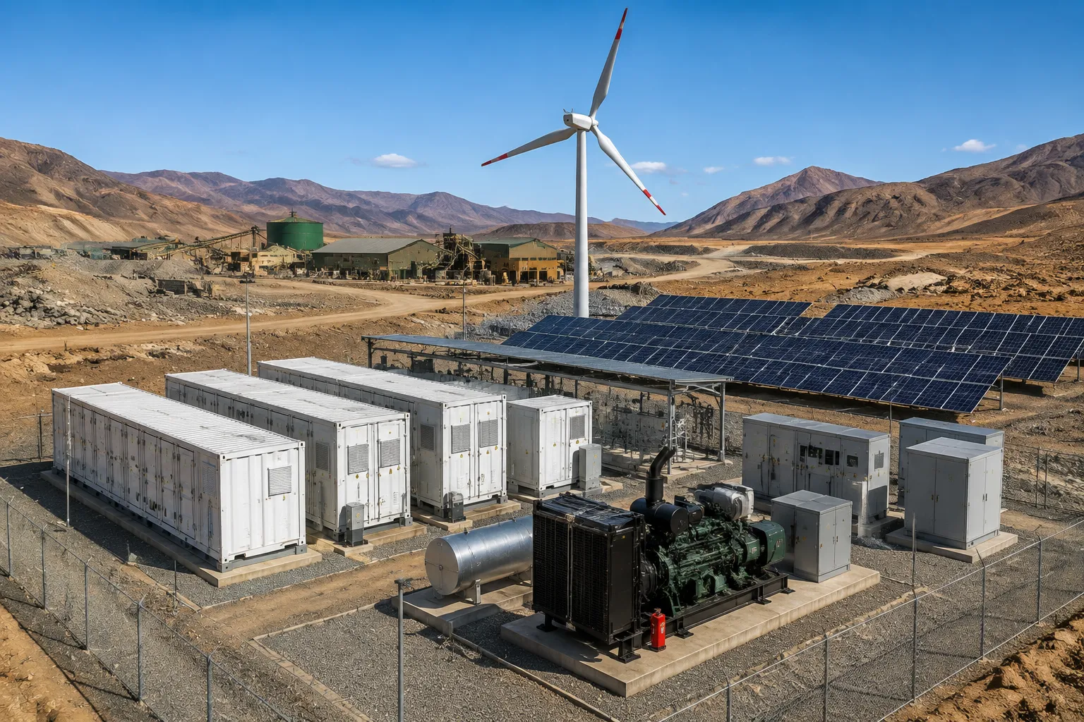 Microgrid power hub configuration displaying solar panels diesel generators and storage containers