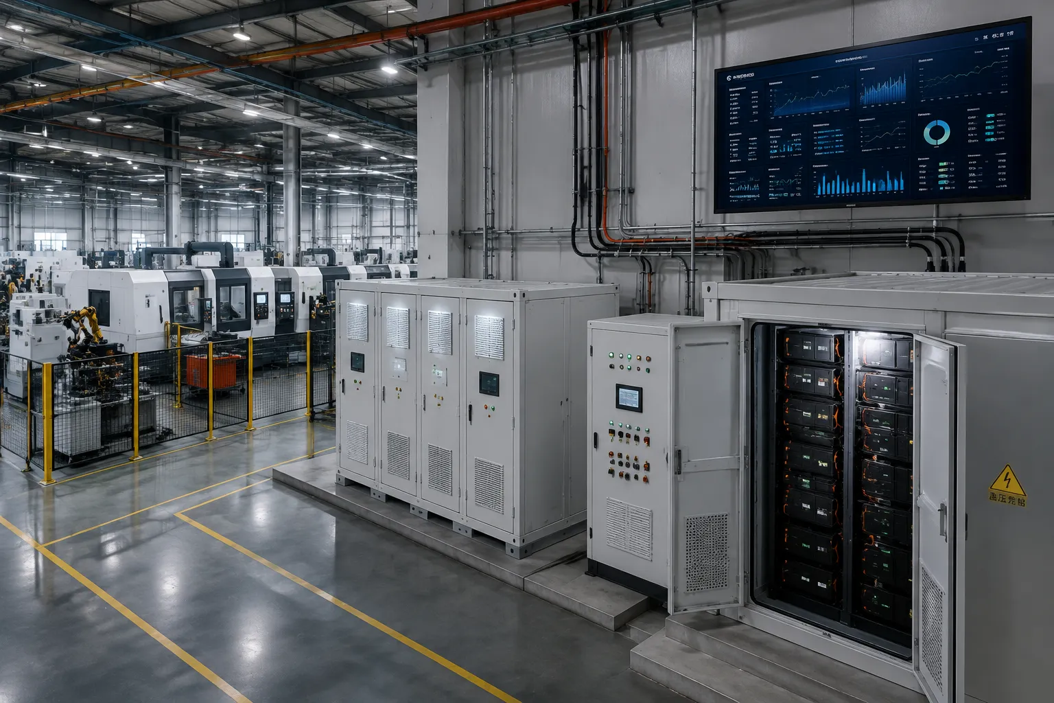 Industrial manufacturing facility utilizing custom battery cabinets for voltage stabilization and machinery safety