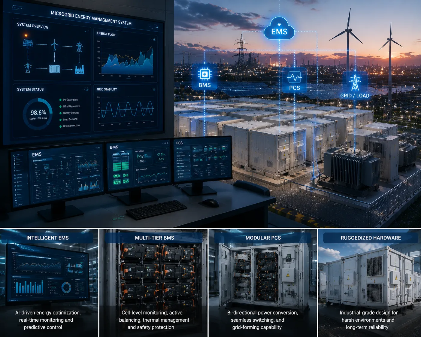 Percenec Energy microgrid control system architecture diagram displaying EMS energy management, BMS, PCS, and physical BESS integration layers